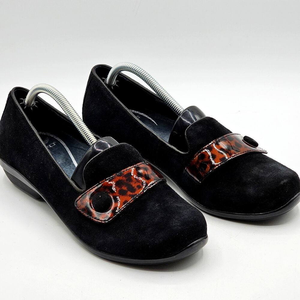 Dansko Olena Loafers Womens 7.5/38 Black Suede Animal Print Accent Comfort Flats
